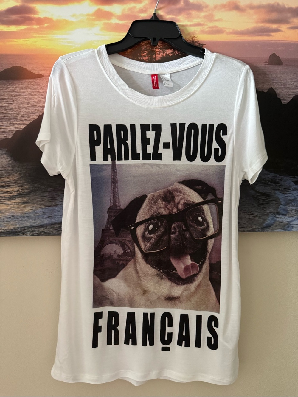HM/ Divided/ Women’s White Pug Print Tee - "Parlez-Vous Français"/New/ XS
